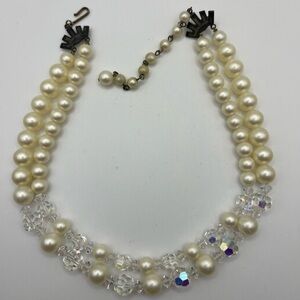 Vintage Faux Pearl Necklace with Crystal Accents | Double Strand Beauty